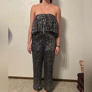 Bebe Black Sequin Strapless Jumpsuit Size M Y2K Glam Party Bachelorette Night